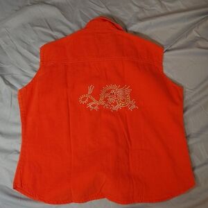 Sleeveless Button-Front Shirt in Bright Orange With Dragon On Back Size Large